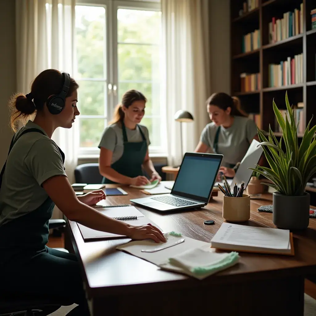 A crew member using a vacuum cleaner on a plush carpet in a stylish apartment.