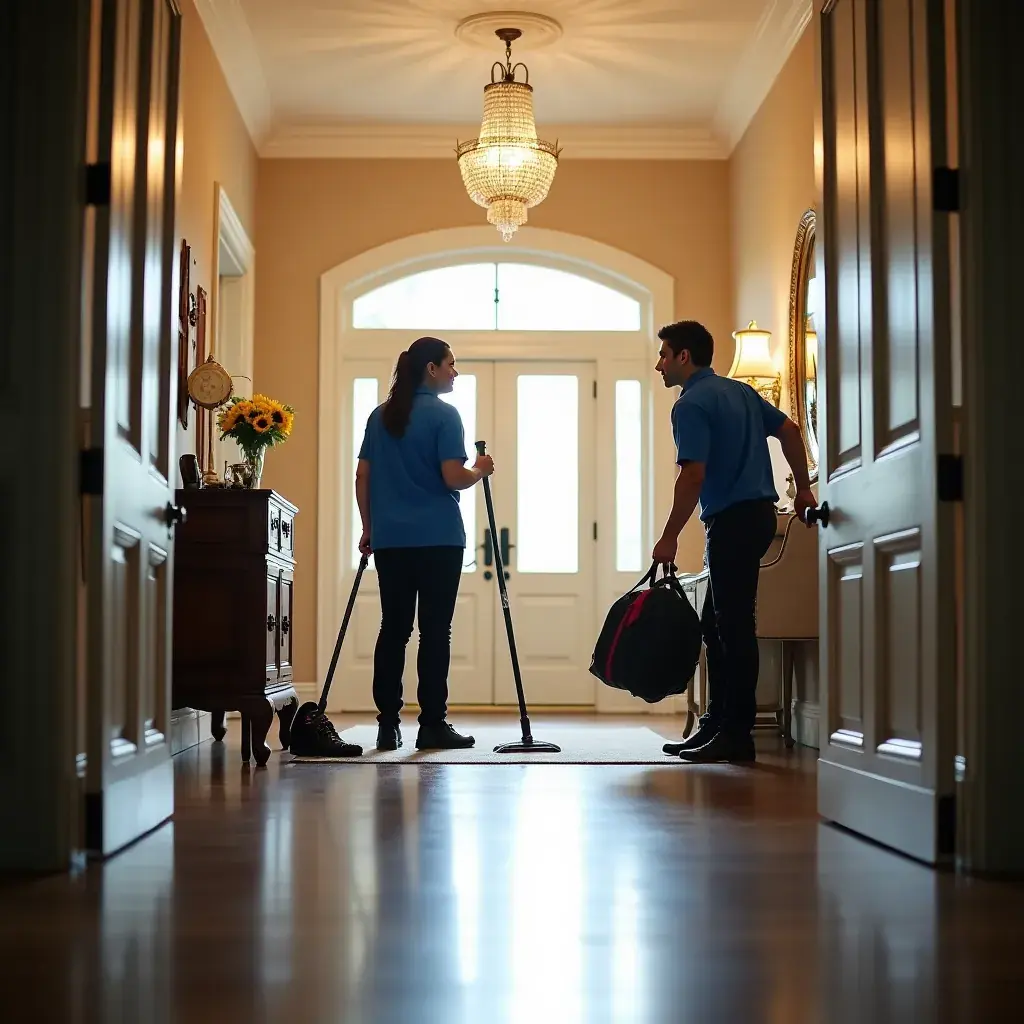 A deep-cleaning team sanitizing a bathroom sink with eco-friendly products.