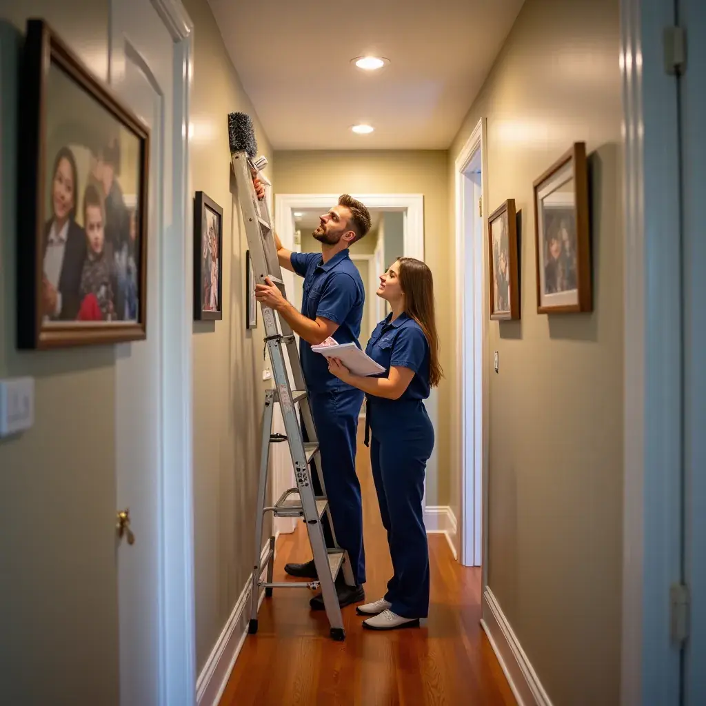 A satisfied homeowner inspecting the results of a professional cleaning service.