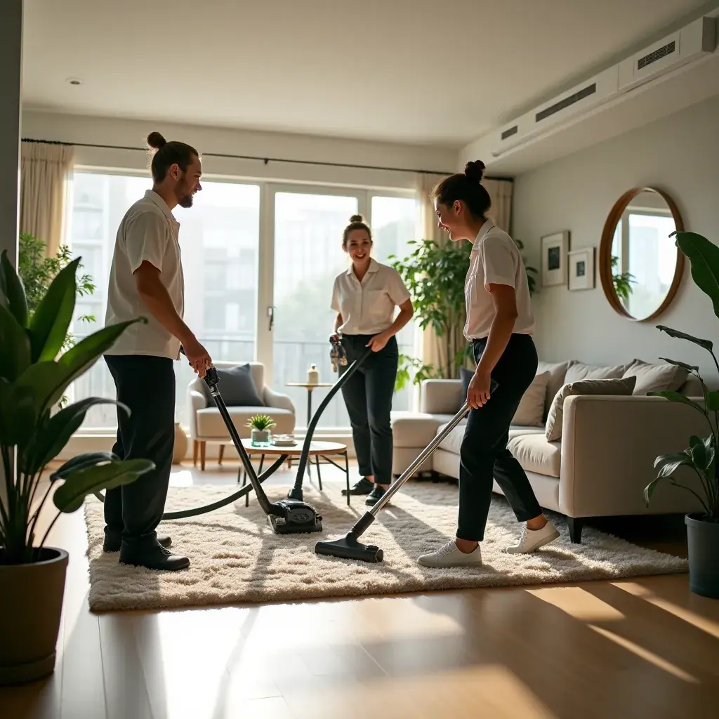 A cleaning professional dusting shelves filled with decorative items in a living room.