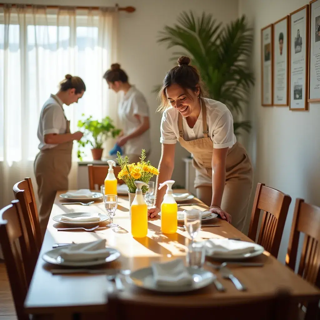 A team of professional cleaners meticulously scrubbing a kitchen countertop.